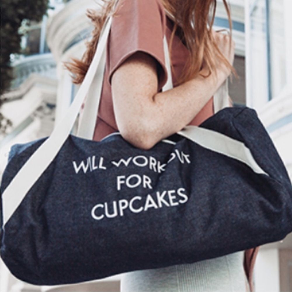 Will Workout For Cupcakes - Denim Blue Duffel Gym Bag new without tags